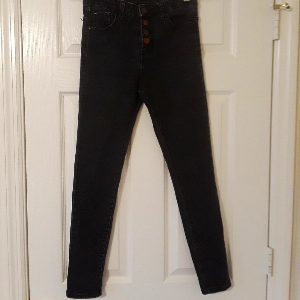 Button Front High Waist Black Skinny Jeans